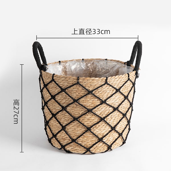 Halmplanta extra stor extra stor krukväxt blomkorg växtkorg vävd golv inomhus bonsai Black fishnet with bulging belly large