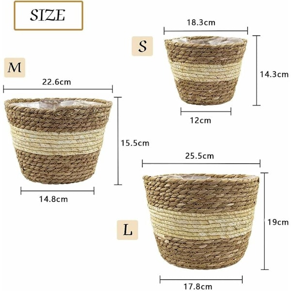 3 st Sjögräskruka, 3 Storlekar Vävd Blomkruka Överdrag Förvaringskorg Växtbehållare för Heminredning (Beige)