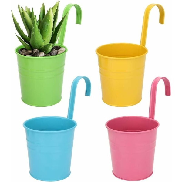 Hängande blomkruka i metall, utomhusblomkruka med dräneringshål perfekt för trädgård, balkong, staket, uteplats, dekoration 4 stycken