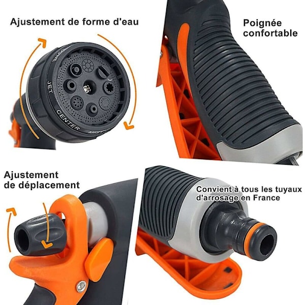 Hagesprøytepistol, 8 vanningsmoduser Multifunksjonell hagesprøyte, Komfortabel plast sprøytepistol, Ideell bilvask, vanning av plen og hage, Grå/Oransje