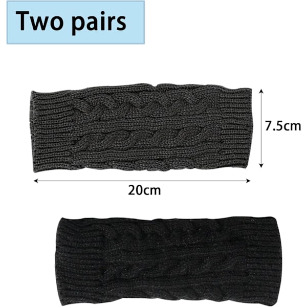 2 Par Halvfingrede Vantar, Vinterstrikkede Vantar til Mænd og Kvinder black + dark grey