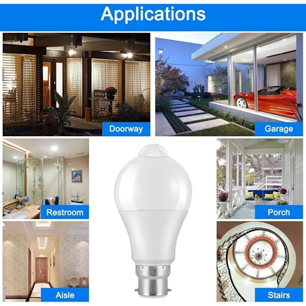 B22 Bajonett LED Rörelsesensorlampa, 12W, 1020lm, Kallvit 6000K, CIR 85, IP42 Vattentät Energibesparande, Ej Dimbar, Rörelsesensorlampa (2st)