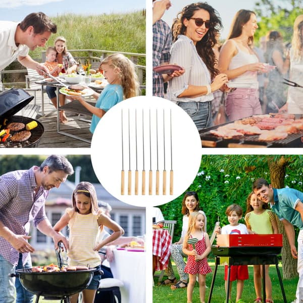 10 flade grillspyd i rustfrit stål med træhåndtag