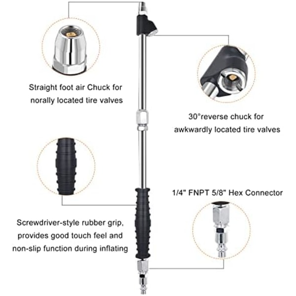 SAFELIFE 1/4\" FNPT Extended Reach Dual Head Air Chuck, 14.6'' Extended tilt lock tire pump chuck with grip handle, 2-way Connecti 9.4inch