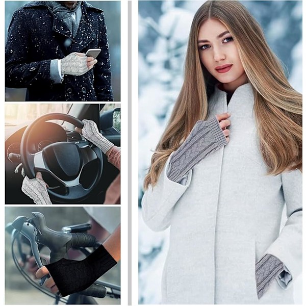 2 Par Halvfingrade Vantar, Vinterstickade Vantar för Män och Kvinnor black + dark grey