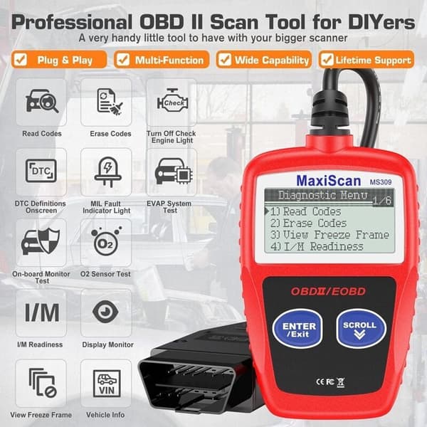 1 x MS309 CAN OBDII Scanner OBD2 Diagnostisk Værktøj – Scan Værktøj til Check Engine Light (Rød)