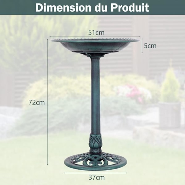 COSTWAY stående fågelmatare, fågelbad med diameter 51 cm bricka, höjd 72 cm, antik design grön
