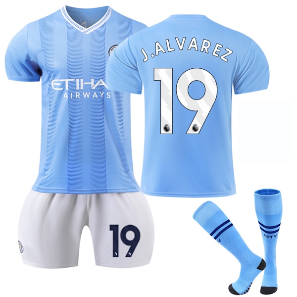 23-24 Manchester City Home Kids Football Kit No. 19 Alvarez 24