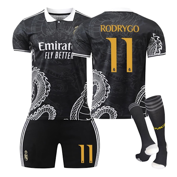 23-24 Real Madrid fodboldtrøje dragemønster version børn og voksne sæt sportshold uniform NO.11 RODRYGO 24 NO.11 RODRYGO 24