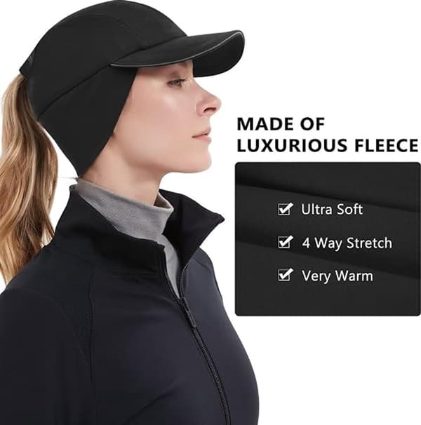 Hestehalemøsse til kvinder med reflekterende skygge, vinterløbehætte med foldbare fleece-øreklapper, varm strækhue til udendørs vandreture, sort