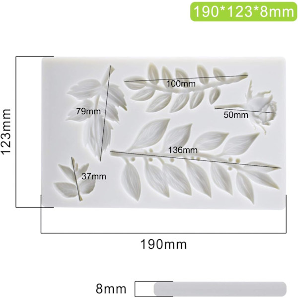 Blomster- og blad fondantform Roseblad Silikon Fondantform Blad Gren Vimen Blad Silikonform Blad Gren