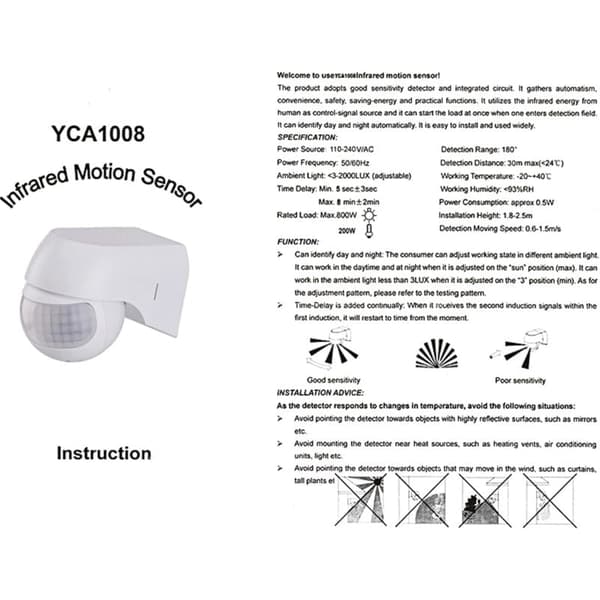 Infraröd rörelsesensorsbrytare, utomhusmontering, 30 m räckvidd, 180° rotation