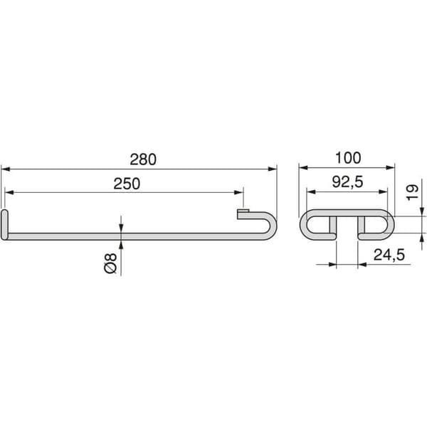 1-rads møbelglassholder, lengde 280 mm