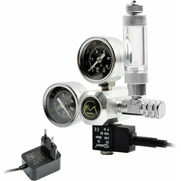 Akvarie CO2-regulator med 12V-adapter, akvarietrykreduktion, dobbelt manometer Inkluderer boble tæller og tilbageslagsventil, W21.8-interface