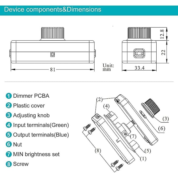 3-100W LED dimmer med bakkantsstyrning (roterande dimmer), används för dimbara LED, glödlampor, halogenlampor, 220-240V, CE-kontakt, svart