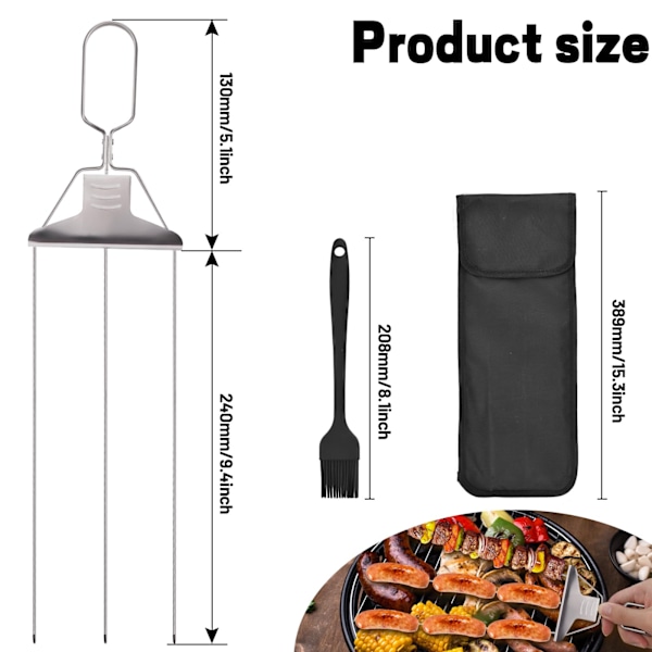 3-vägs grillspett, för utomhusgrill, 3-bent grillspett, grillspett i rostfritt stål för kött, lättanvänd slider C Set