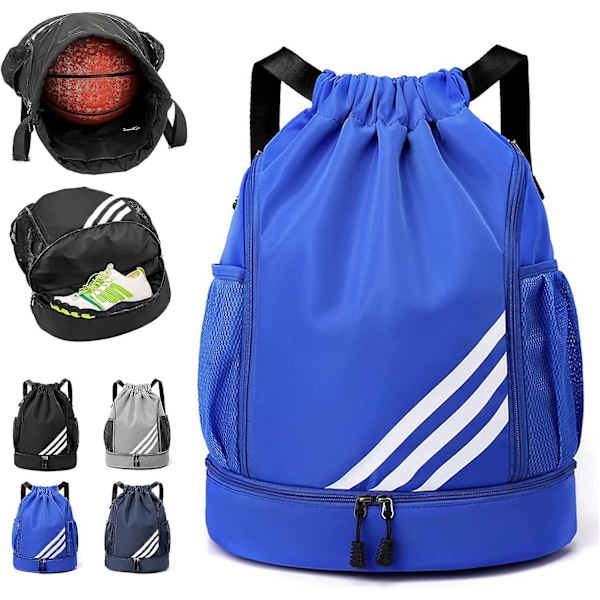 Sports Drawstring Backpack Large Gym Bag with Shoe Compartment Waterproof Nylon for Gym Shopping (Grey) Y03 blue