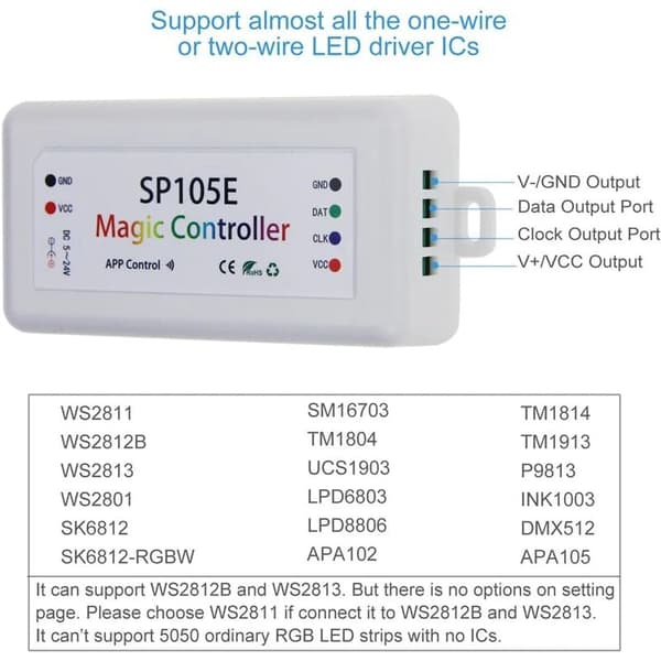 Trådløs Bluetooth LED lysstyring til WS2811 WS2812B WS2801 SK6812, kompatibel med iOS u0026 Android, DC5V-24V