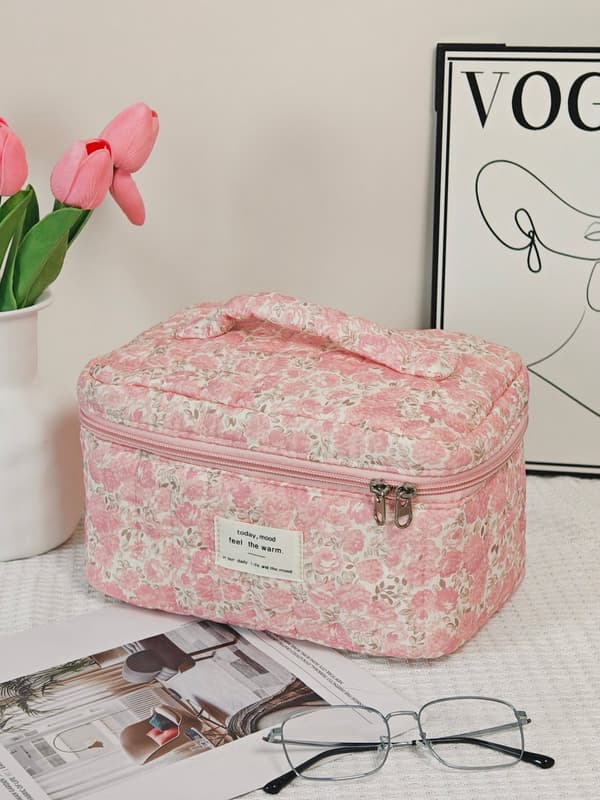 3 st quiltade sminkväskor, blommiga bomullskosmetikväskor med dragkedja, bärbart necessärset för kvinnor, rosa