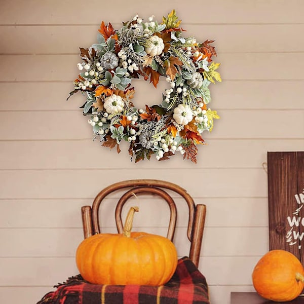 Höstkrans för ytterdörren, konstgjord höstkrans med lönnlöv, vita pumpor och bär för Thanksgiving-fönster- och väggdekoration