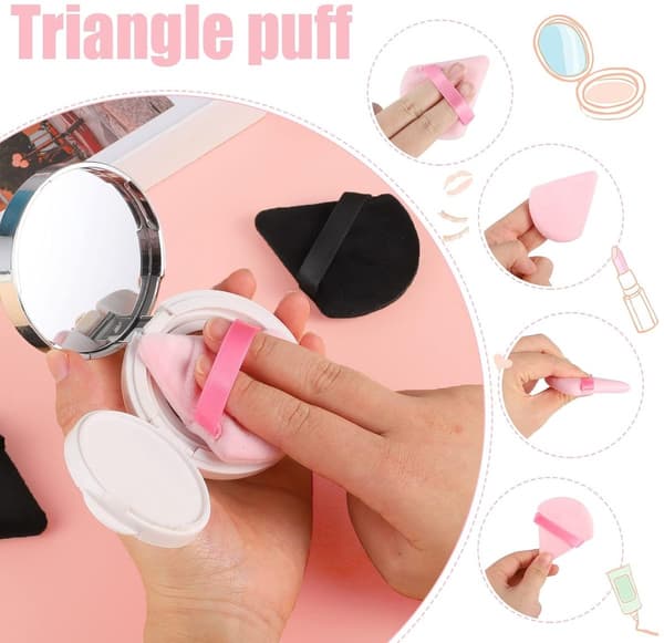 6 stk. trekantede pudderkvaster, bløde fløjls-makeupsvampe til løst pudder, foundation, concealer, våd og tør brug, sort og pink