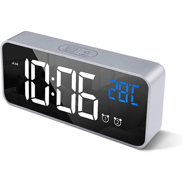 Digital väckarklocka med stor LED-temperaturdisplay, portabel spegelväckarklocka med dubbla alarm (Silver)