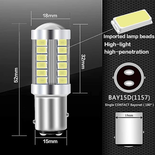 2 stk. 1157 Bay15d LED-bilpære Hvid 900lm Super Bright LED-baklygte 12v (FMY)