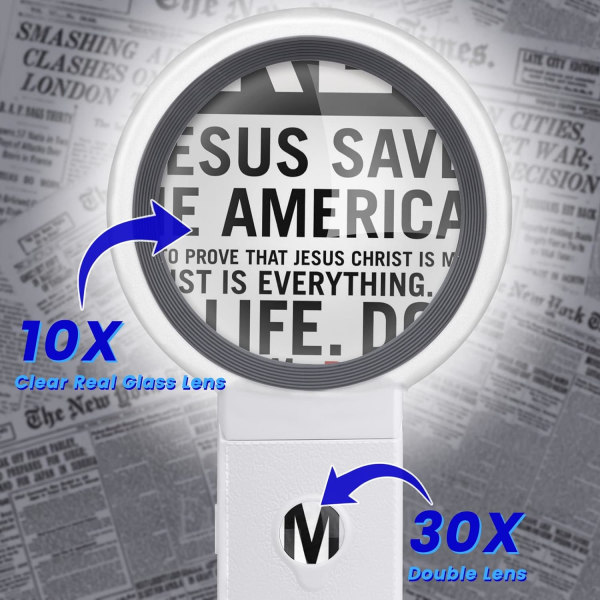 30X 10X forstørrelsesglas med lys og stativ, sammenklappelig håndholdt forstørrelsesglas