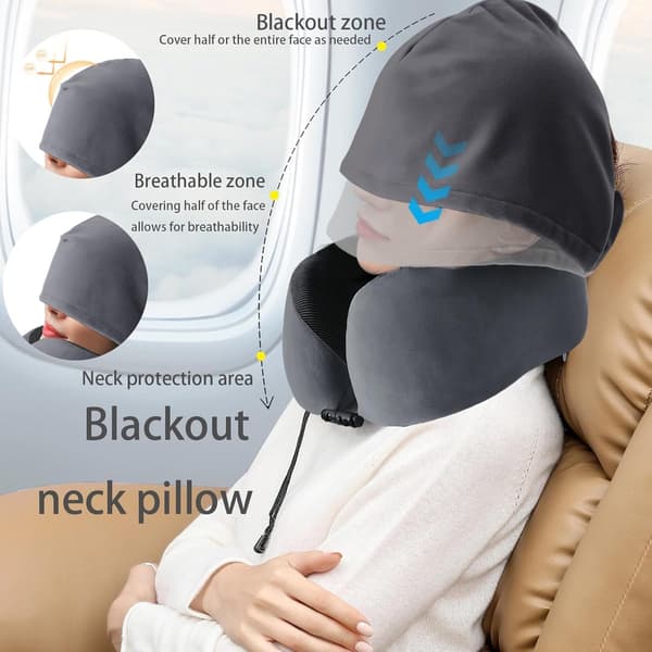 Resenackkudde med huva, ergonomisk U-formad nackstödskudde i memoryskum för flygplan, bil, buss, kontor, mörkgrå