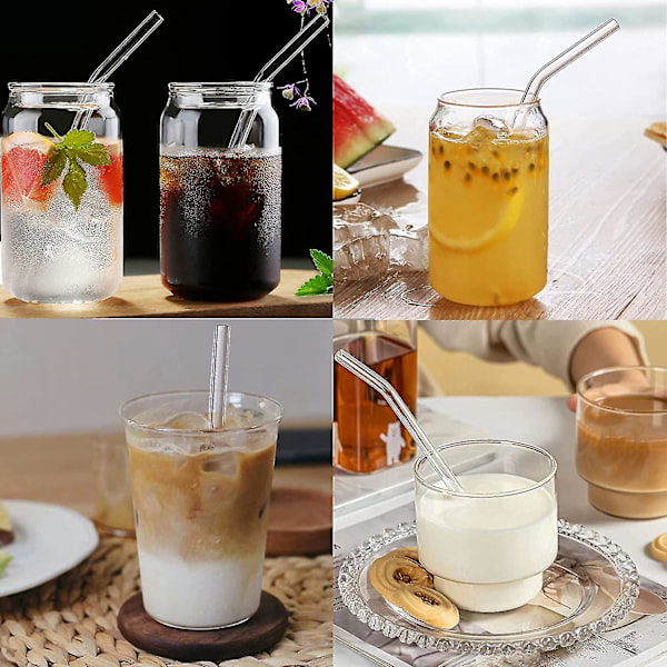 Klara återanvändbara sugrör i glas, set om 12 raka och böjda med rengöringsborste