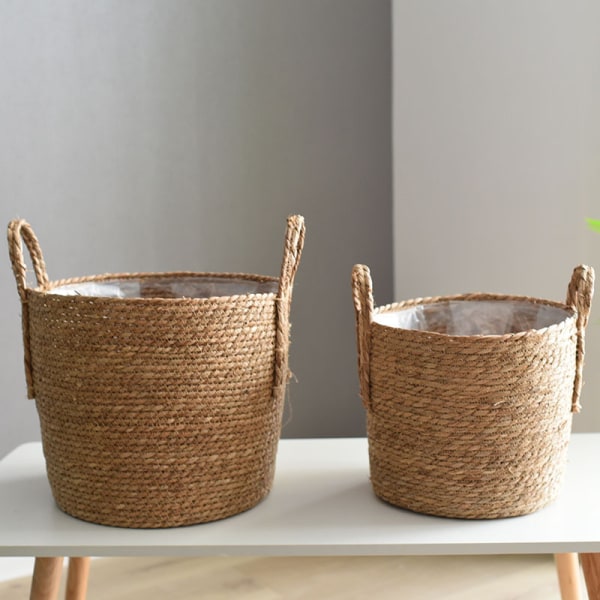 Halmplanta extra stor extra stor krukväxt blomkorg växtkorg vävd golv inomhus bonsai Black fishnet with bulging belly large