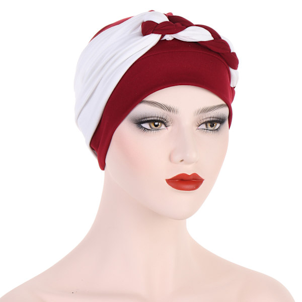 Sidfläta flerfärgad mjuk huvudduk hatt muslimsk kemoterapi hatt ny stil Two-tone wine red