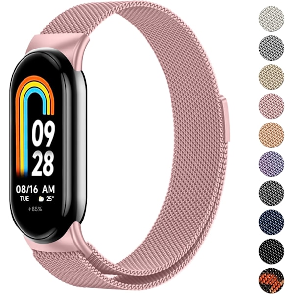 Armband för Xiaomi 8 Män Kvinnor, Metallarmband för Xiaomi Mi Band 8 Magnetiskt Rostfritt Stål Mesh Armband med Stark Magnetism Rose Powder