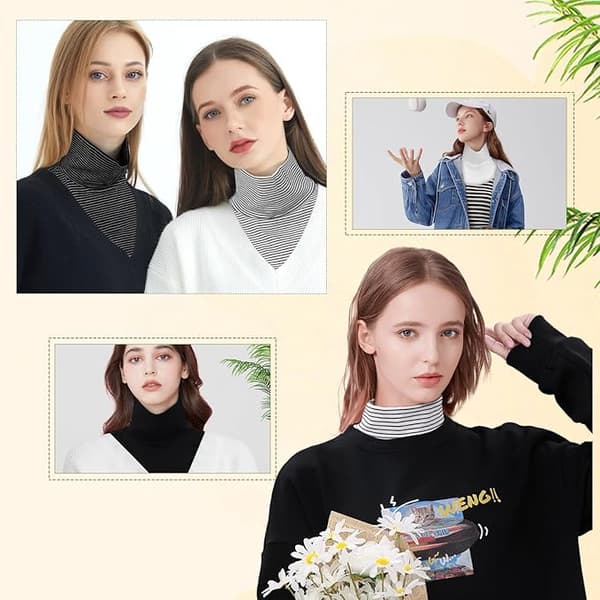 Bomulls turtleneck med høy hals for kvinner hvit+svart