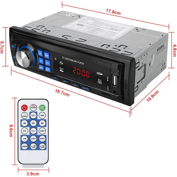 Auton 1 DIN -autoradion Bluetooth FM -stereoradio USB SD AUX -audiosoitin Auton elektroniikka Kojelaudan 12-napainen autoradion soitin