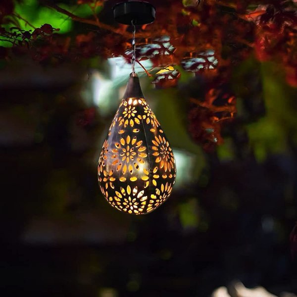 Udendørs hængende solcellelamper, have lanterne LED blomstermønster gård sollampe, vandtætte solpaneler