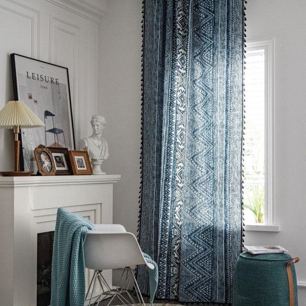 Halv mörkläggningsgardiner Boho Blå Geometrisk tryckgardin för vardagsrum Kök Bakgrund Gardin Cortina Heminredning KC64 W150xL240cm