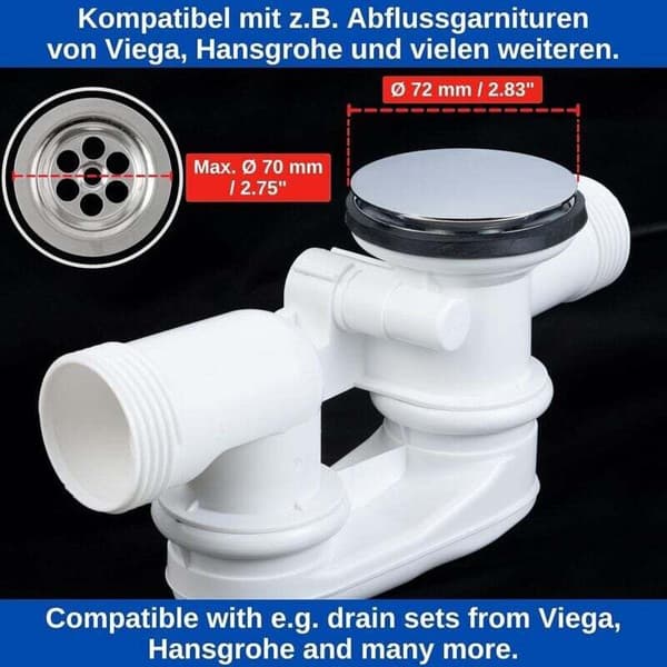 Dobbel tetning badekarplugg Ø 72 mm, justerbar høyde, universal badekarplugg