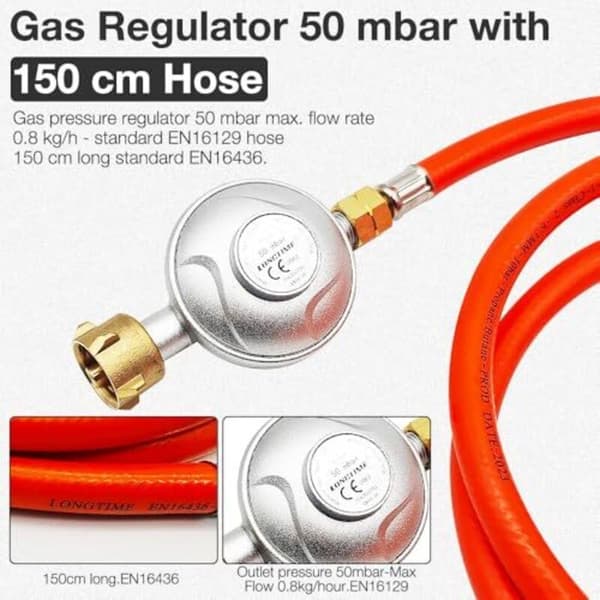 Propanregulator 50mbar med 1,5m Slang Lågtrycksreducerare för Grill Camping