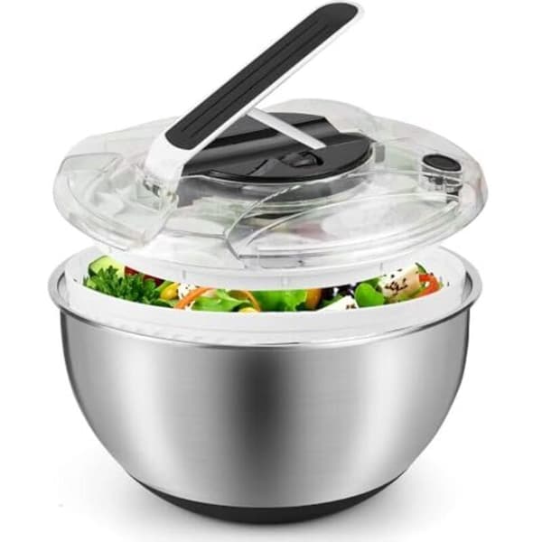 Rostfri Salladsslunga 3,5L med Lock Halkfri Bas för Tvättning Dränering Sallader Pasta