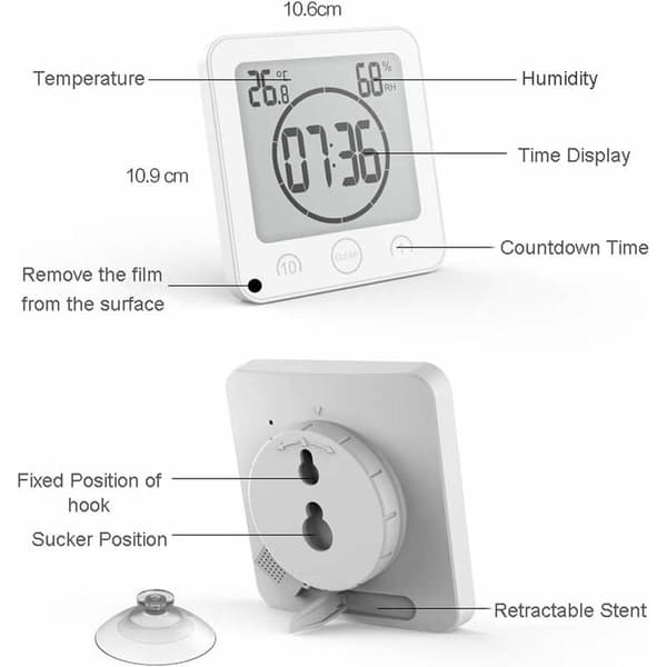 Dusjklokke for bad, LCD digital alarm, termometer hygrometer, nedtellingstimer (hvit)