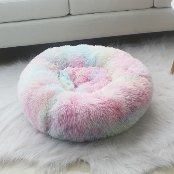 Blød Rund Plys Katteseng til Små Kæledyr, 50cm - Regnbuedesign rainbow Diameter 50 cm