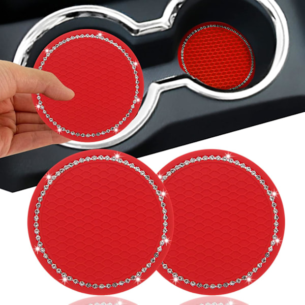 Car Mats 2PCS, Universal Vehicle Accessories 3.35 Inch, Silicone Anti-Slip Rhinestone, Suitable for Most Car Interiors, Car Bling for Women, Gift-Red