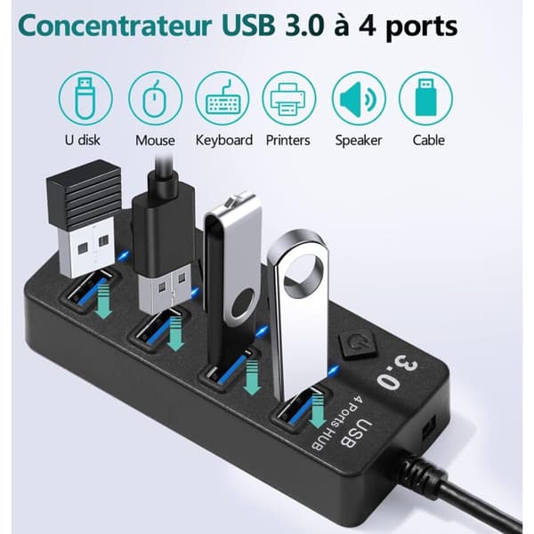 4 i 1 multiple USB-porte med LED-lys, USB 3.0 og 2.0 stik til dataoverførsel og PC-opladning