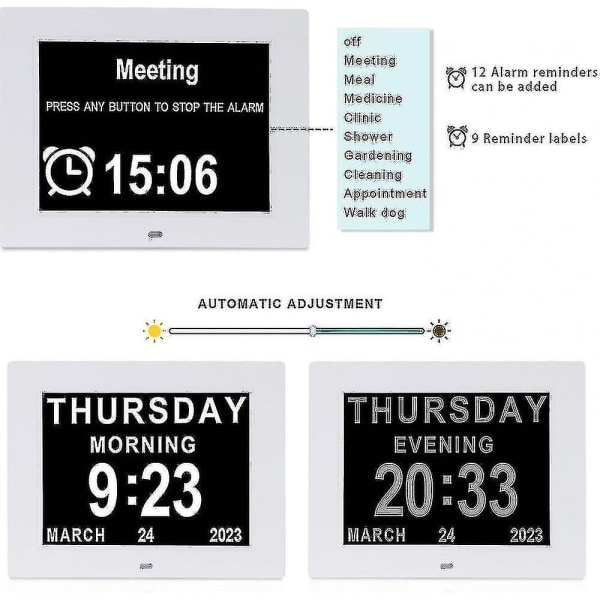 Demensur, Alzheimersur, Stor digital kalenderklocka för seniorer, Klocka med dag och datum - Flera visningslägen, automatisk dimning, 12 larminställningar, 8 flikpåminnelser, bild- och videouppspelning