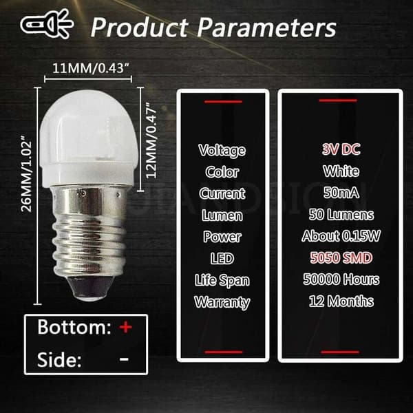 4 stk. hvide e10 led pærer 3v 0.2w til forlygter lommelygter