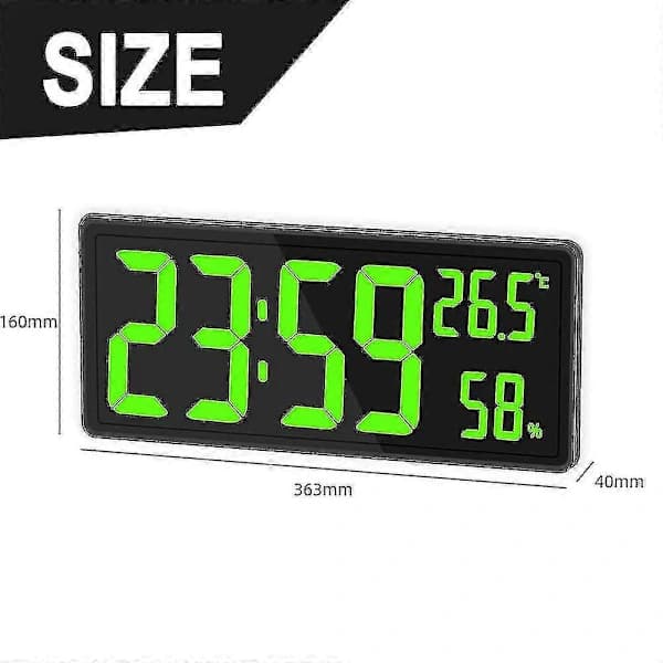 Stor digital väggklocka med LED-display, temperatur, luftfuktighet, datum, alarm, för sovrum, kontor, klassrum, grön green