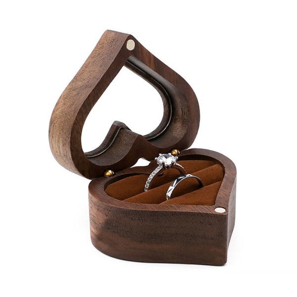 Bröllop Love Ring Box Valnöt Par Ring Förvaring Förpackning Presentkartong Hjärtformad trälåda Örhängen Örhängen Smyckeskrin Mörkbrun Dark Brown