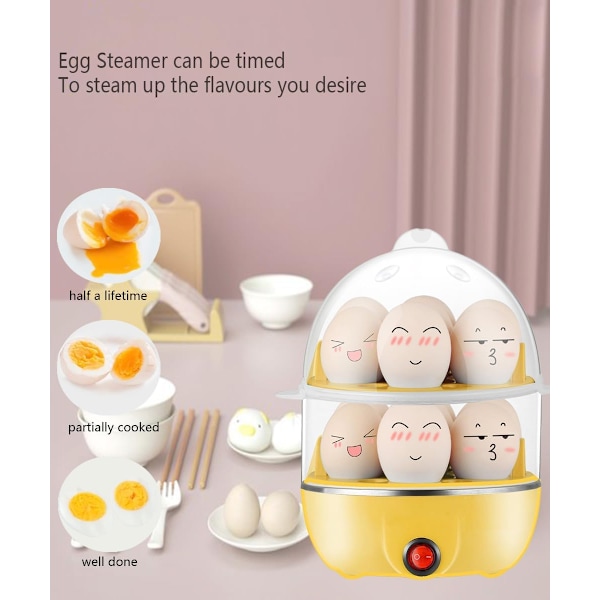Multifunksjonell elektrisk eggkoker i rustfritt stål (dobbelt lag) Kan koke 14 egg om gangen, flertrinns timer selvkontroll koking av kylling, med automatisk Yellow
