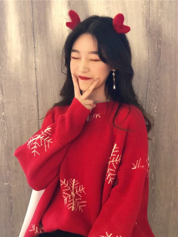 Dame Jule-snefnugsweater blød strik i kashmir-stil, sød oversized pullover til vinterferie og afslappet brug, rød red Snowflake